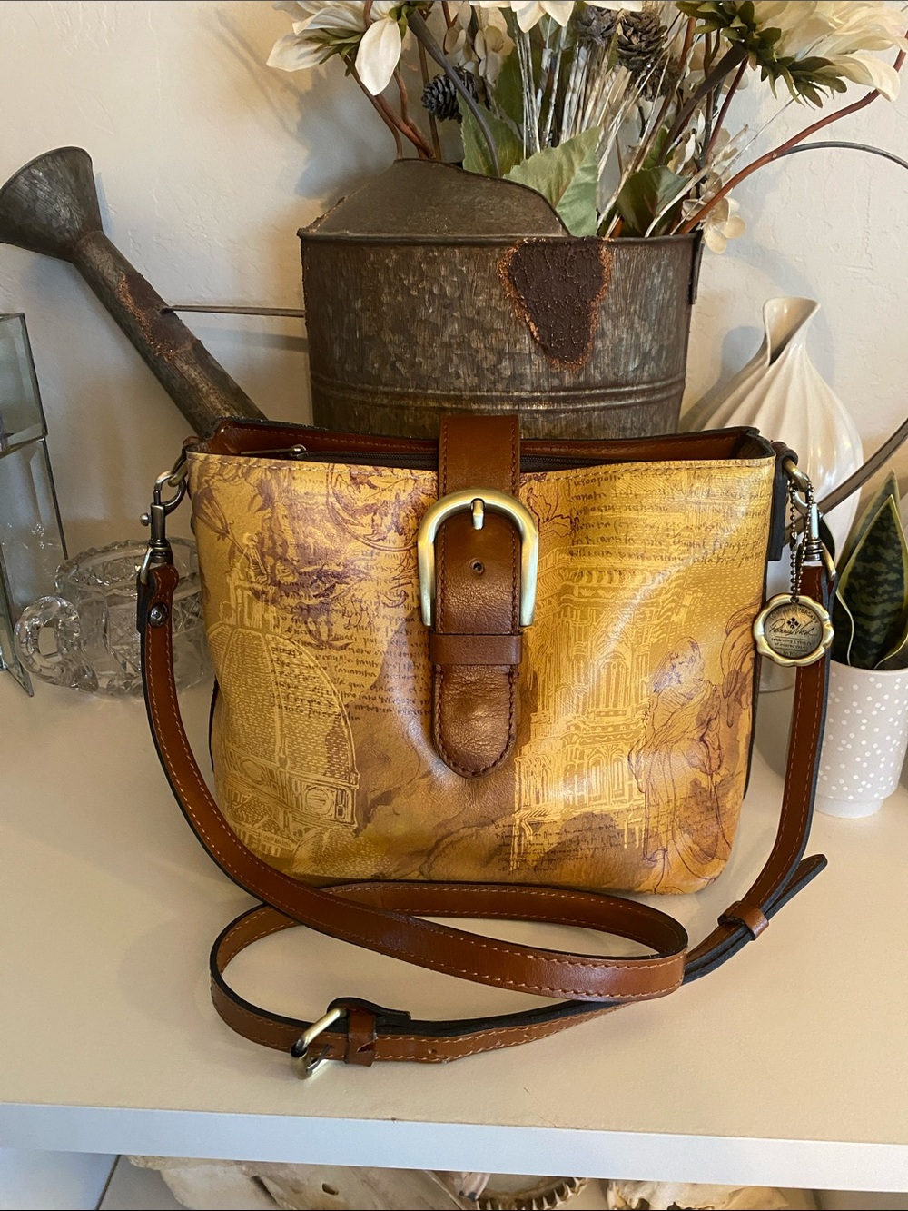Patricia Nash Saddle Brown & yellow gold Leather Purse with adjustable strap